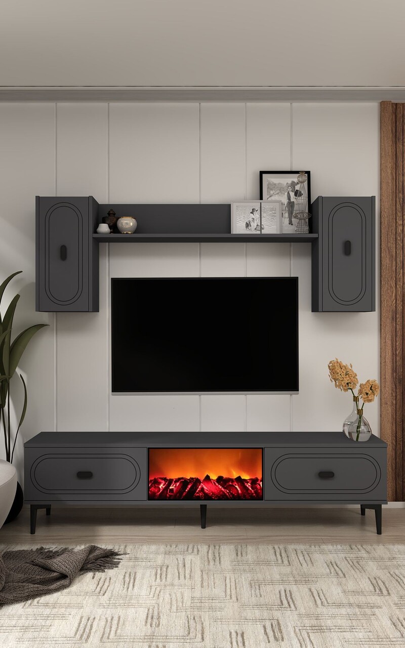 Comoda TV, Hanah Home, Weny Bohem Fireplace, 150x44.6x29.6 cm, PAL , Antracit - imagine 7